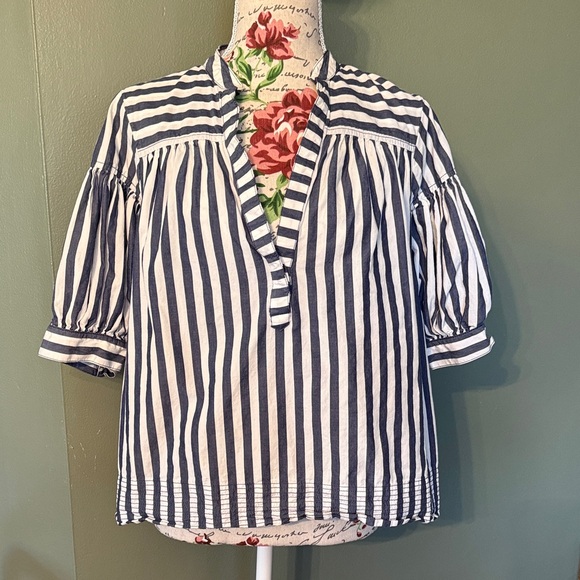 Anthropologie Tops - Anthropologie Navy and White Striped Darcey popover Neck Puff Sleeve Top